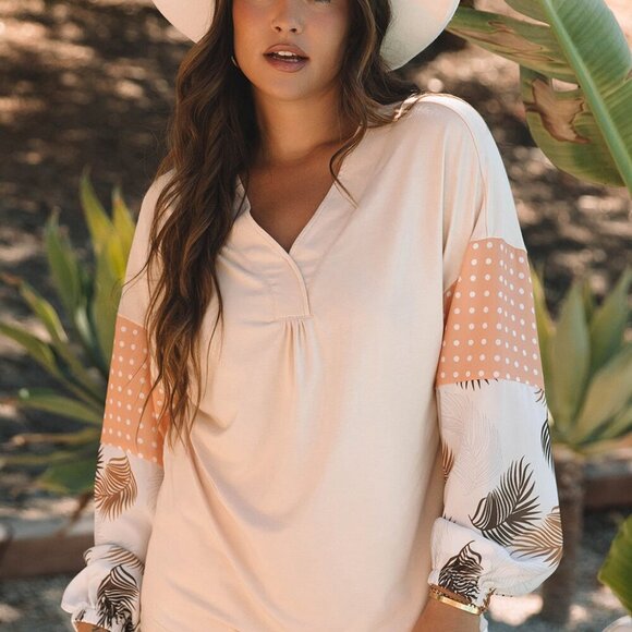 Jet Stream Palm Leaves Polka Dot Puff Sleeve Patchwork V Neck Loose Blouse - Picture 4 of 4